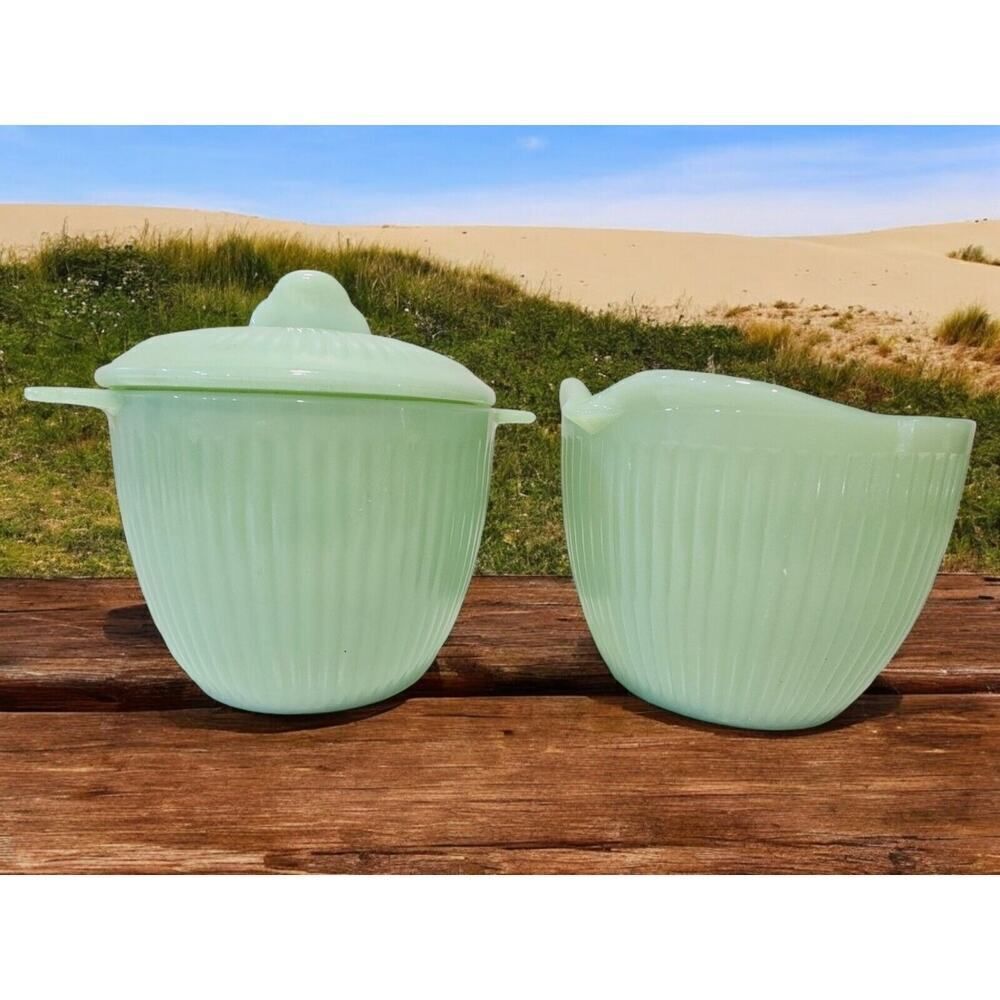 Fire King Jadeite Jane Ray Sugar Bowl with Lid and Creamer‎ Vintage